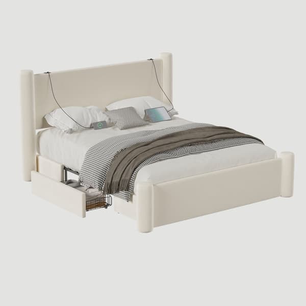160x200 cm sengeramme med moderne design, 3D-tætningsdesign, tyk polstret sengegavl, 2 opbevaringsbokse og integrerede USB-porte, beige