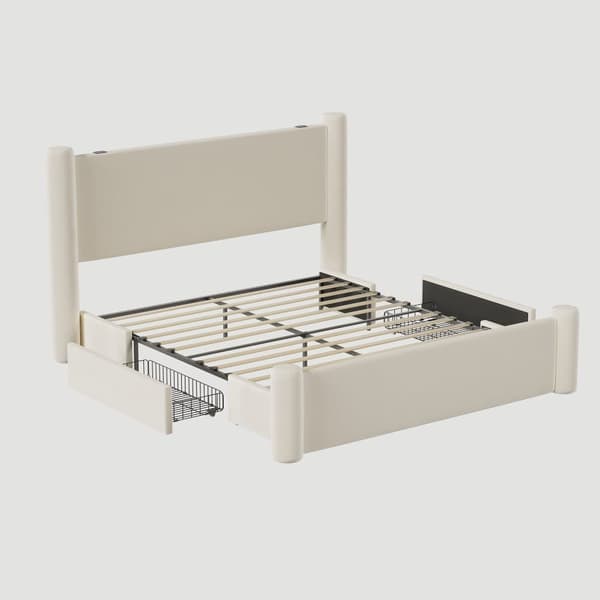 160x200 cm sengeramme med moderne design, 3D-tætningsdesign, tyk polstret sengegavl, 2 opbevaringsbokse og integrerede USB-porte, beige