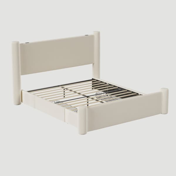 160x200 cm sengeramme med moderne design, 3D-tætningsdesign, tyk polstret sengegavl, 2 opbevaringsbokse og integrerede USB-porte, beige