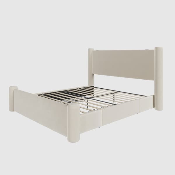 160x200 cm sengeramme med moderne design, 3D-tætningsdesign, tyk polstret sengegavl, 2 opbevaringsbokse og integrerede USB-porte, beige