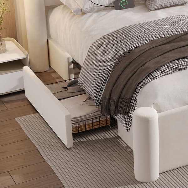 160x200 cm sengeramme med moderne design, 3D-tætningsdesign, tyk polstret sengegavl, 2 opbevaringsbokse og integrerede USB-porte, beige