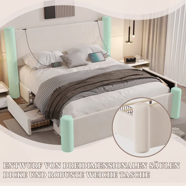 160x200 cm sengeramme med moderne design, 3D-tætningsdesign, tyk polstret sengegavl, 2 opbevaringsbokse og integrerede USB-porte, beige