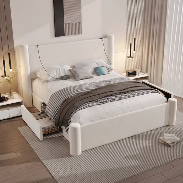 160x200 cm sengeramme med moderne design, 3D-tætningsdesign, tyk polstret sengegavl, 2 opbevaringsbokse og integrerede USB-porte, beige