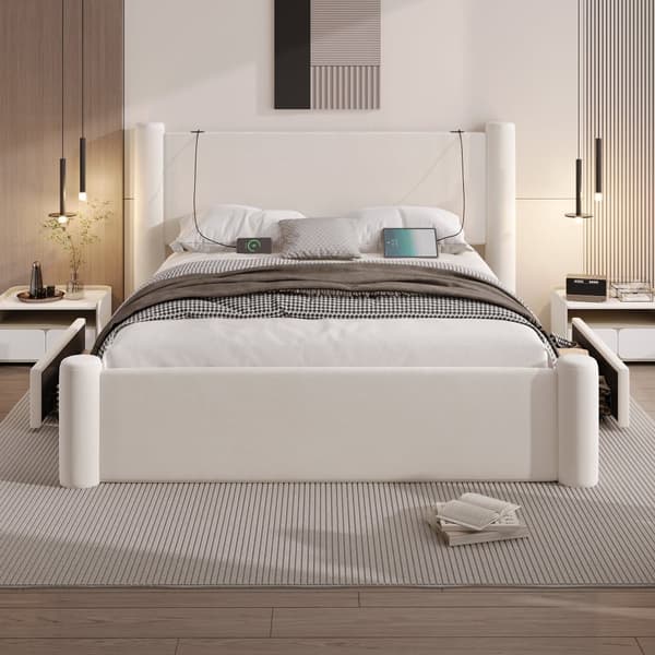 160x200 cm sengeramme med moderne design, 3D-tætningsdesign, tyk polstret sengegavl, 2 opbevaringsbokse og integrerede USB-porte, beige