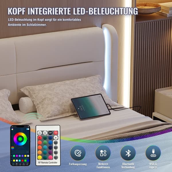 Parivuode 160 x 200 cm LED-valaistuksella, 4 säilytyslaatikkoa, paksu verhoilu, USB-kaksoisliitännät ja tyylikkäät beigen sängyn kielekkeet