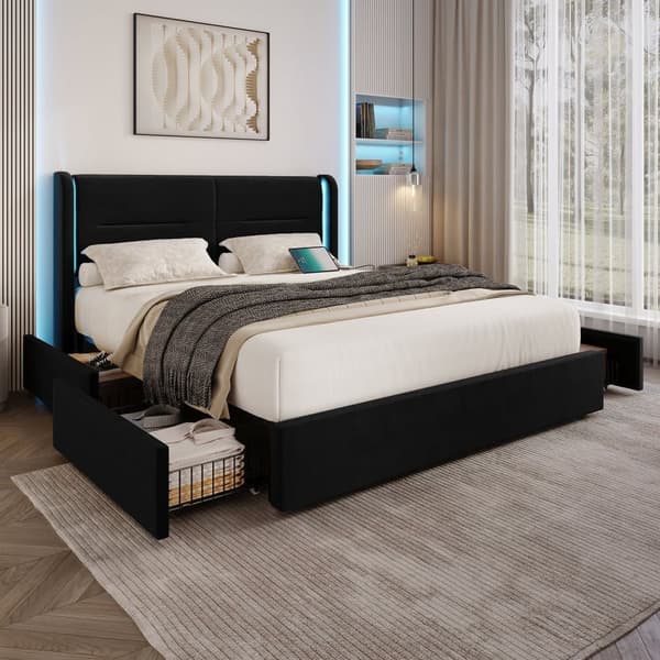 Dobbeltseng 160 x 200 cm med LED-belysning, 4 opbevaringsskuffer, tyk polstring, USB-dobbelttilslutninger og elegante sengefaner i sort