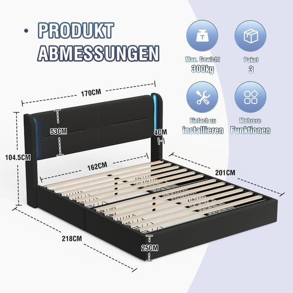 Dobbeltseng 160 x 200 cm med LED-belysning, 4 opbevaringsskuffer, tyk polstring, USB-dobbelttilslutninger og elegante sengefaner i sort