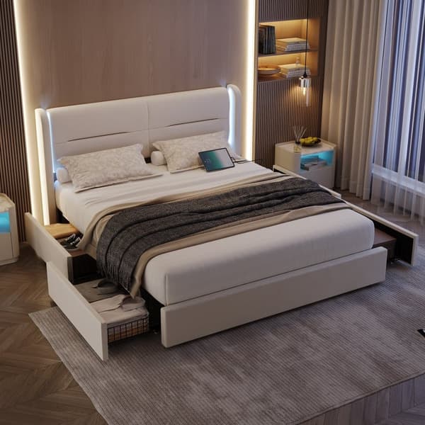Dobbeltseng 140 x 200 cm med LED-belysning, 4 opbevaringsskuffer, tyk polstring, USB-dobbelttilslutninger og elegante sengestropper i beige