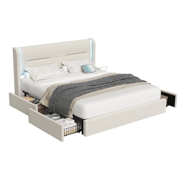 Dobbeltseng 140 x 200 cm med LED-belysning, 4 opbevaringsskuffer, tyk polstring, USB-dobbelttilslutninger og elegante sengestropper i beige