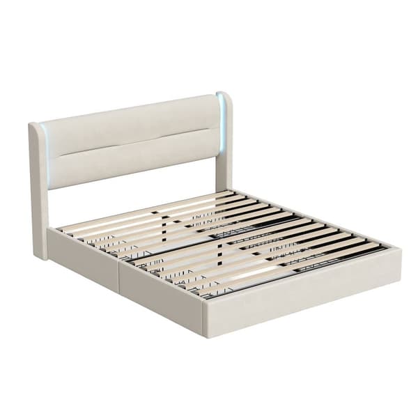Dobbeltseng 140 x 200 cm med LED-belysning, 4 opbevaringsskuffer, tyk polstring, USB-dobbelttilslutninger og elegante sengestropper i beige