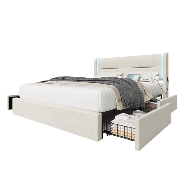 Dobbeltseng 140 x 200 cm med LED-belysning, 4 opbevaringsskuffer, tyk polstring, USB-dobbelttilslutninger og elegante sengestropper i beige