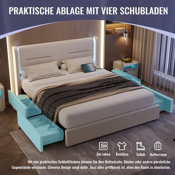 Dobbeltseng 140 x 200 cm med LED-belysning, 4 opbevaringsskuffer, tyk polstring, USB-dobbelttilslutninger og elegante sengestropper i beige