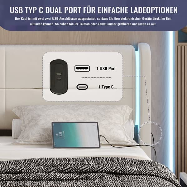 Dobbeltseng 140 x 200 cm med LED-belysning, 4 opbevaringsskuffer, tyk polstring, USB-dobbelttilslutninger og elegante sengestropper i beige