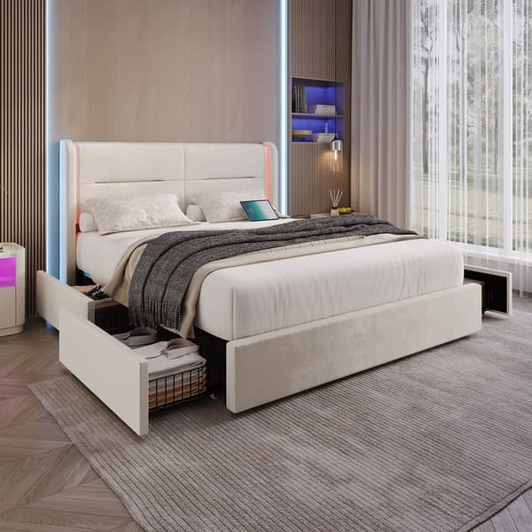 Dobbeltseng 140 x 200 cm med LED-belysning, 4 opbevaringsskuffer, tyk polstring, USB-dobbelttilslutninger og elegante sengestropper i beige