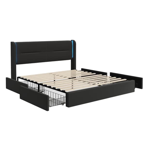 Dobbeltseng 140 x 200 cm med LED-belysning, 4 opbevaringsbokse, tyk polstring, USB-dobbelttilslutninger og elegante sengestropper i sort
