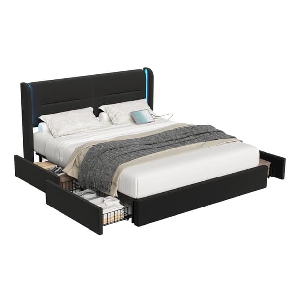 Dobbeltseng 140 x 200 cm med LED-belysning, 4 opbevaringsbokse, tyk polstring, USB-dobbelttilslutninger og elegante sengestropper i sort