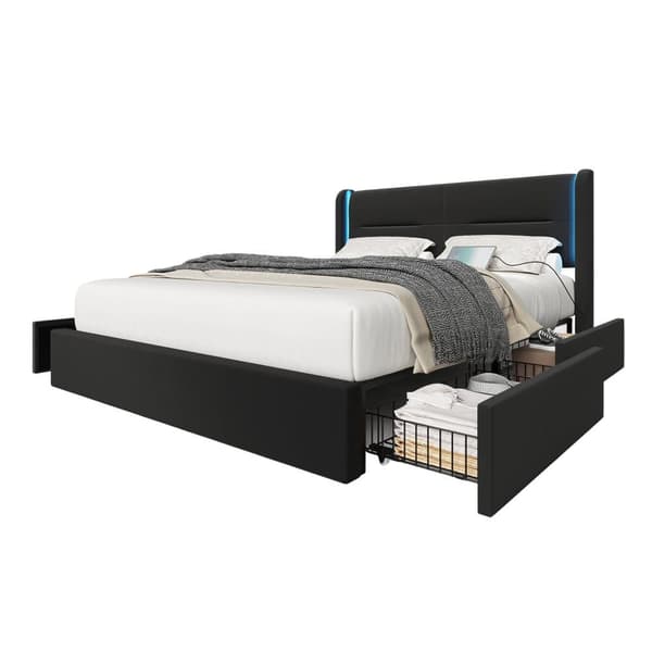 Dobbeltseng 140 x 200 cm med LED-belysning, 4 opbevaringsbokse, tyk polstring, USB-dobbelttilslutninger og elegante sengestropper i sort