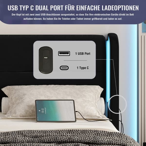 Dobbeltseng 140 x 200 cm med LED-belysning, 4 opbevaringsbokse, tyk polstring, USB-dobbelttilslutninger og elegante sengestropper i sort
