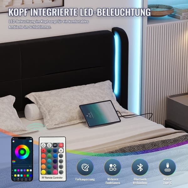 Dobbeltseng 140 x 200 cm med LED-belysning, 4 opbevaringsbokse, tyk polstring, USB-dobbelttilslutninger og elegante sengestropper i sort