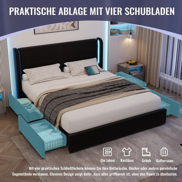 Dobbeltseng 140 x 200 cm med LED-belysning, 4 opbevaringsbokse, tyk polstring, USB-dobbelttilslutninger og elegante sengestropper i sort