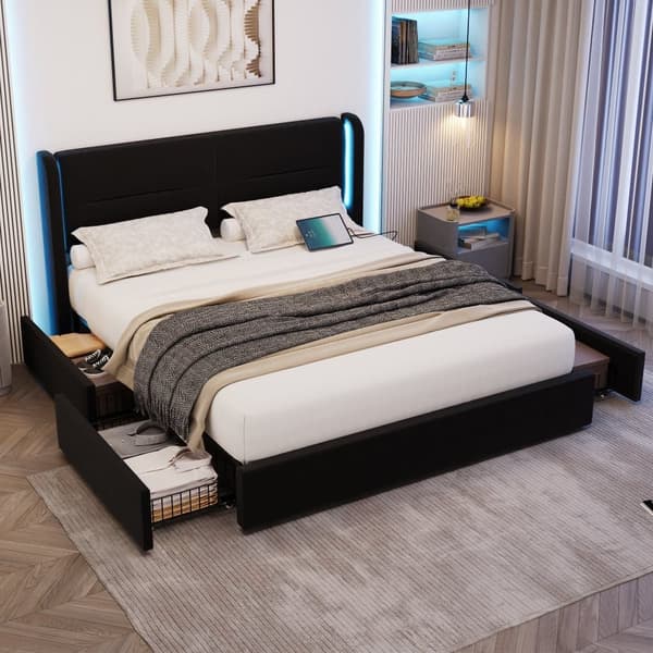 Dobbeltseng 140 x 200 cm med LED-belysning, 4 opbevaringsbokse, tyk polstring, USB-dobbelttilslutninger og elegante sengestropper i sort