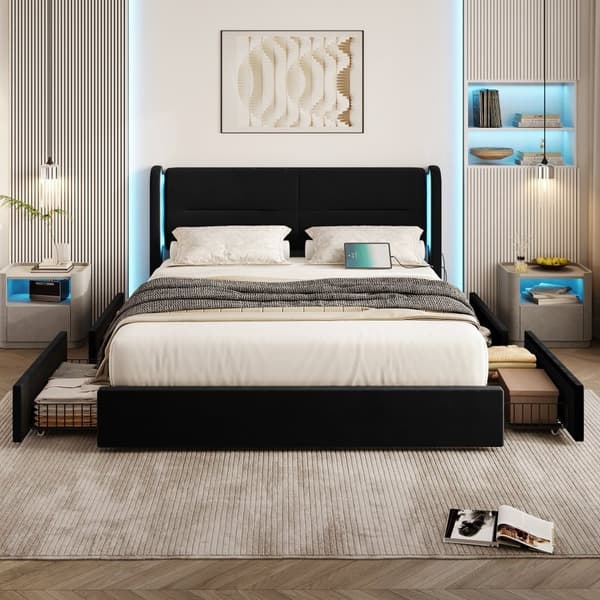 Dobbeltseng 140 x 200 cm med LED-belysning, 4 opbevaringsbokse, tyk polstring, USB-dobbelttilslutninger og elegante sengestropper i sort