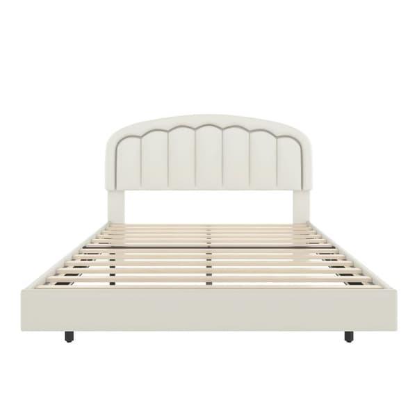 Dobbeltseng 160 x 200 cm med blomster hovedgærdemønster, flydende design og LED-lys, robust metalramme og praktisk opbevaring under sengen, hvid