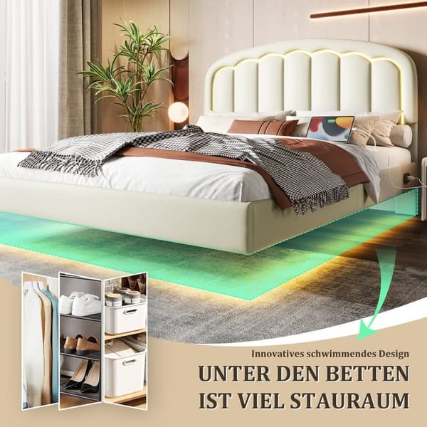 Dobbeltseng 160 x 200 cm med blomster hovedgærdemønster, flydende design og LED-lys, robust metalramme og praktisk opbevaring under sengen, hvid