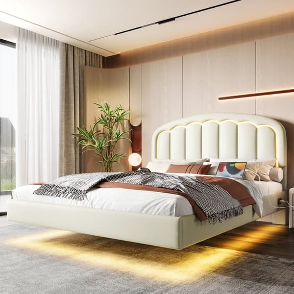 Moderne 140 x 200 cm dobbeltseng med blomstret hovedgærde, flydende design og LED-lys – robust metalstel og praktisk opbevaring under sengen, hvid