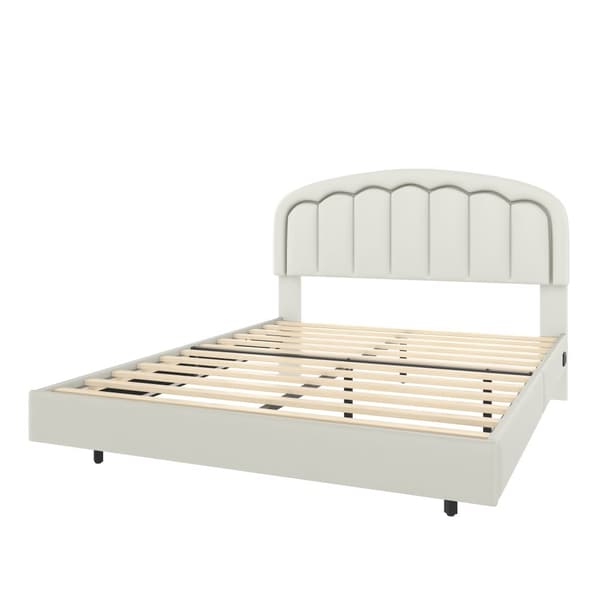 Moderne 140 x 200 cm dobbeltseng med blomstret hovedgærde, flydende design og LED-lys – robust metalstel og praktisk opbevaring under sengen, hvid