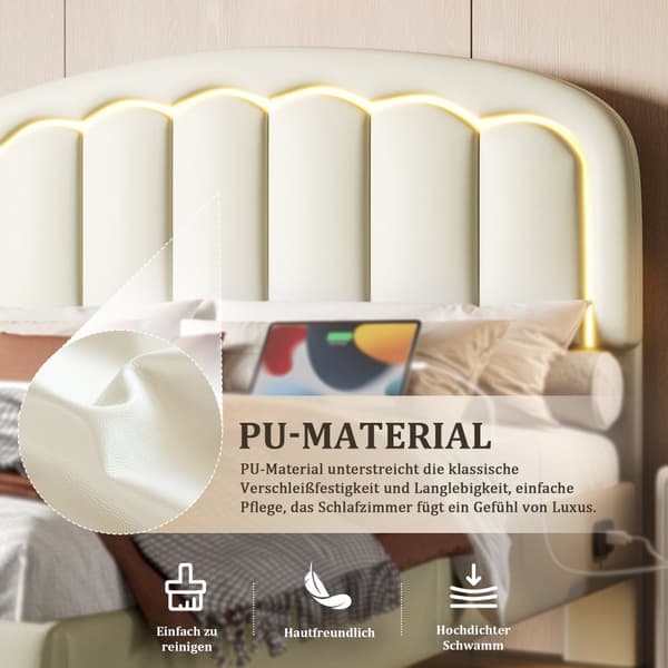 Moderne 140 x 200 cm dobbeltseng med blomstret hovedgærde, flydende design og LED-lys – robust metalstel og praktisk opbevaring under sengen, hvid