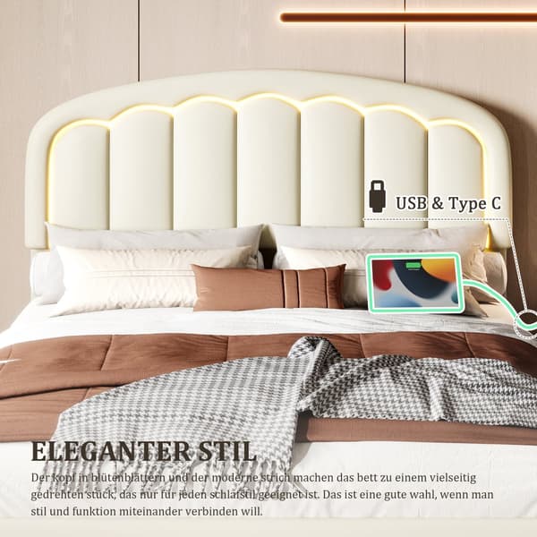 Moderne 140 x 200 cm dobbeltseng med blomstret hovedgærde, flydende design og LED-lys – robust metalstel og praktisk opbevaring under sengen, hvid