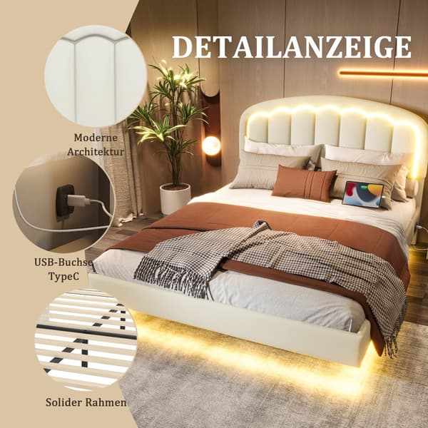 Moderne 140 x 200 cm dobbeltseng med blomstret hovedgærde, flydende design og LED-lys – robust metalstel og praktisk opbevaring under sengen, hvid