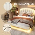 Miniatyrbillede 10 af 11: Moderne 140 x 200 cm dobbeltseng med blomstret hovedgærde, flydende design og LED-lys – robust metalstel og praktisk opbevaring under sengen, hvid