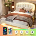 Miniatyrbillede 11 af 11: Moderne 140 x 200 cm dobbeltseng med blomstret hovedgærde, flydende design og LED-lys – robust metalstel og praktisk opbevaring under sengen, hvid