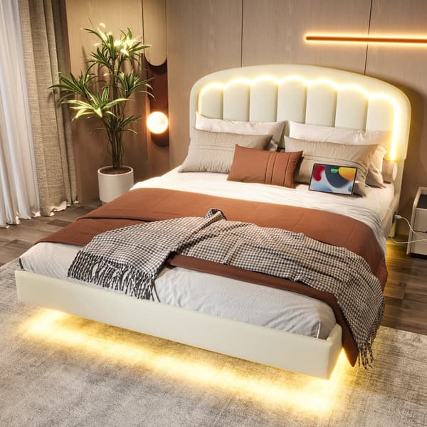 Moderne 140 x 200 cm dobbeltseng med blomstret hovedgærde, flydende design og LED-lys – robust metalstel og praktisk opbevaring under sengen, hvid