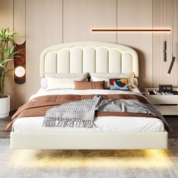 Moderne 140 x 200 cm dobbeltseng med blomstret hovedgærde, flydende design og LED-lys – robust metalstel og praktisk opbevaring under sengen, hvid
