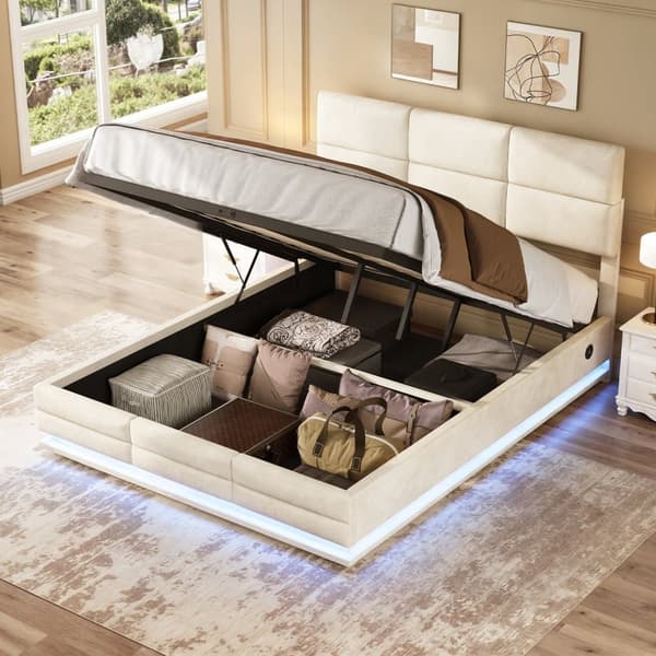 Dobbeltseng 160x200 cm i velour med opbevaring – LED-belysning, USB-C opladningsport og hydraulisk løftesystem, beige
