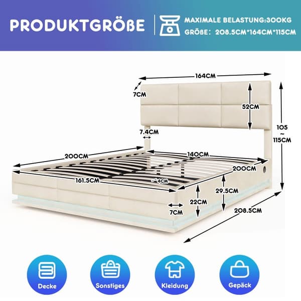 Dobbeltseng 160x200 cm i velour med opbevaring – LED-belysning, USB-C opladningsport og hydraulisk løftesystem, beige