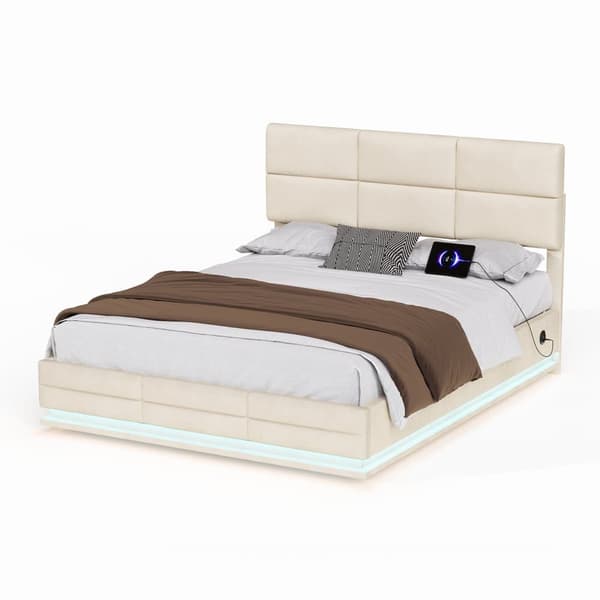 Dobbeltseng 160x200 cm i velour med opbevaring – LED-belysning, USB-C opladningsport og hydraulisk løftesystem, beige