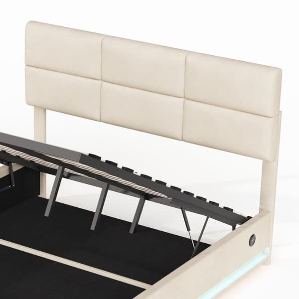 Dobbeltseng 160x200 cm i velour med opbevaring – LED-belysning, USB-C opladningsport og hydraulisk løftesystem, beige