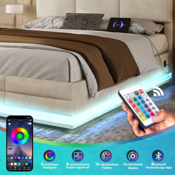 Dobbeltseng 160x200 cm i velour med opbevaring – LED-belysning, USB-C opladningsport og hydraulisk løftesystem, beige