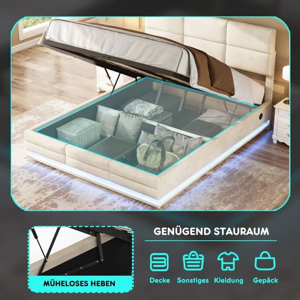Dobbeltseng 160x200 cm i velour med opbevaring – LED-belysning, USB-C opladningsport og hydraulisk løftesystem, beige