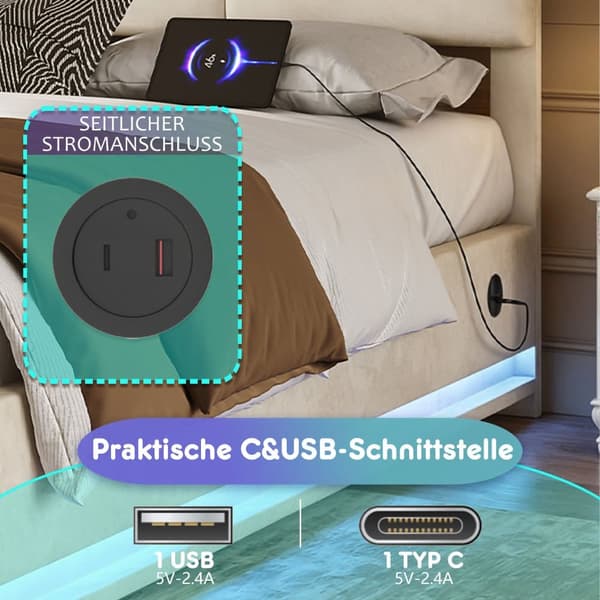 Dobbeltseng 160x200 cm i velour med opbevaring – LED-belysning, USB-C opladningsport og hydraulisk løftesystem, beige