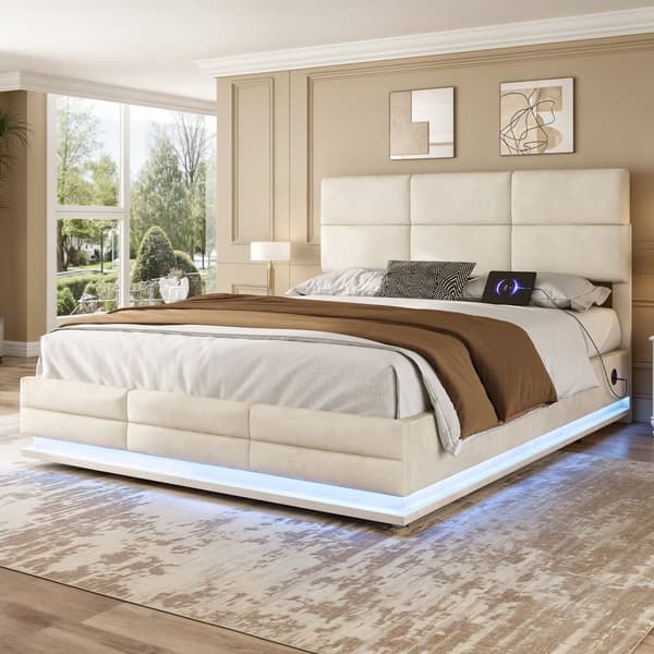 Dobbeltseng 160x200 cm i velour med opbevaring – LED-belysning, USB-C opladningsport og hydraulisk løftesystem, beige