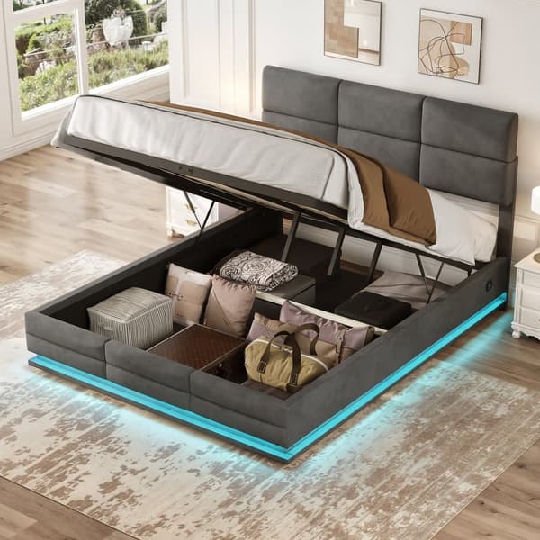 Dobbeltseng 160x200 cm i grå velour med LED-belysning, USB-C opladningsport og hydraulisk opbevaring