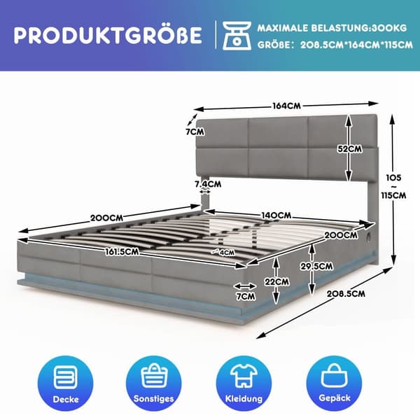 Dobbeltseng 160x200 cm i grå velour med LED-belysning, USB-C opladningsport og hydraulisk opbevaring