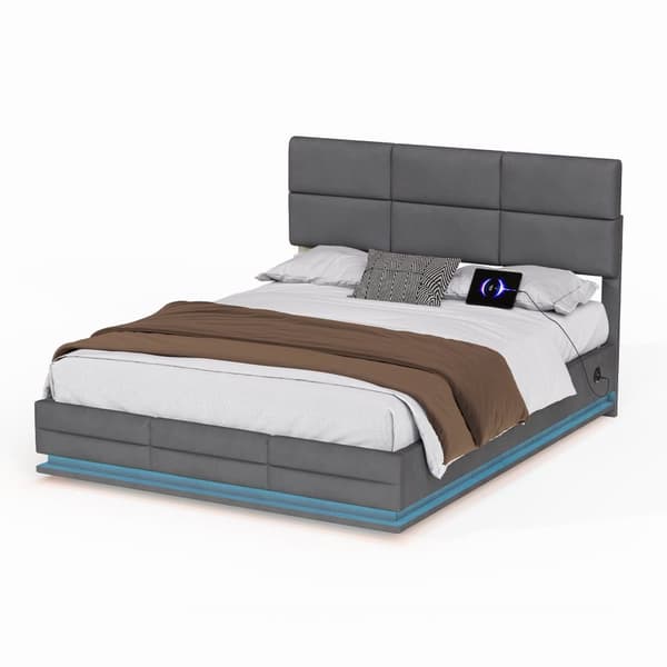 Dobbeltseng 160x200 cm i grå velour med LED-belysning, USB-C opladningsport og hydraulisk opbevaring