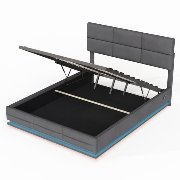 Dobbeltseng 160x200 cm i grå velour med LED-belysning, USB-C opladningsport og hydraulisk opbevaring