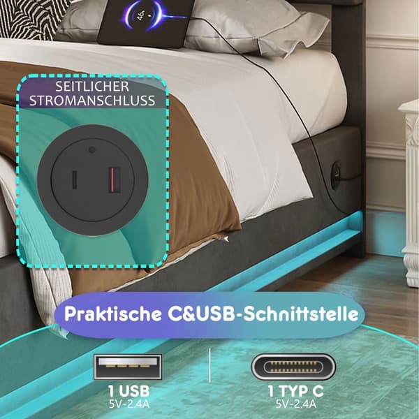 Dobbeltseng 160x200 cm i grå velour med LED-belysning, USB-C opladningsport og hydraulisk opbevaring